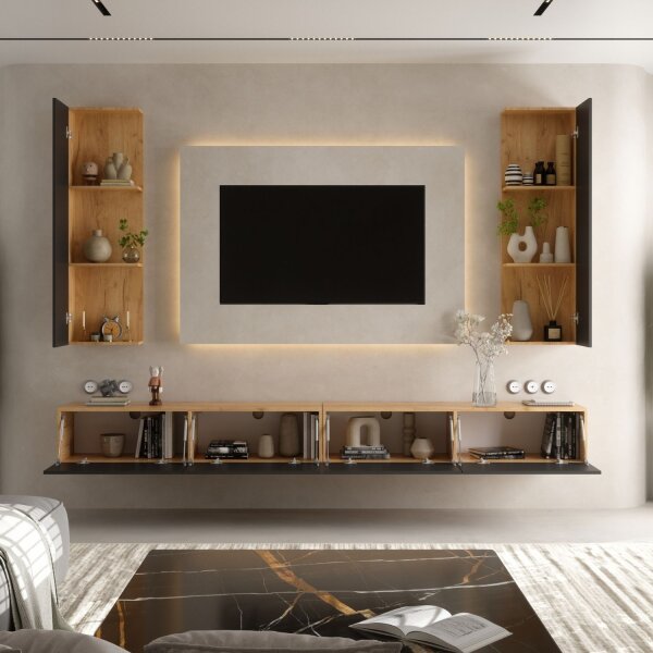 TV living wall (4-piece) consisting of 2x TV boards and 2x side cabinets, 280 cm gold oak / anthracite