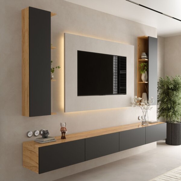 TV living wall (4-piece) consisting of 2x TV boards and 2x side cabinets, 280 cm gold oak / anthracite