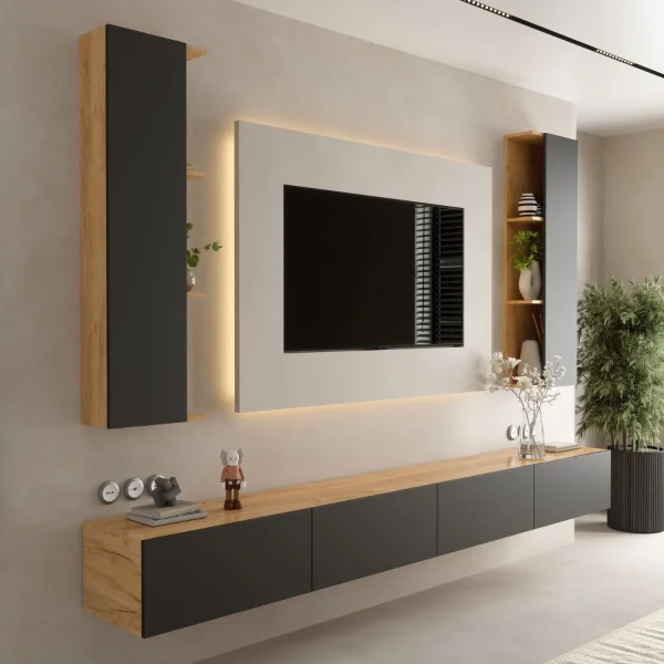 Combo TV WEST – 280 cm rovere dorato/antracite, 2× mobile basso + 2× mobile laterale
