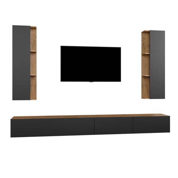 TV living wall (4-piece) consisting of 2x TV boards and 2x side cabinets, 280 cm gold oak / anthracite