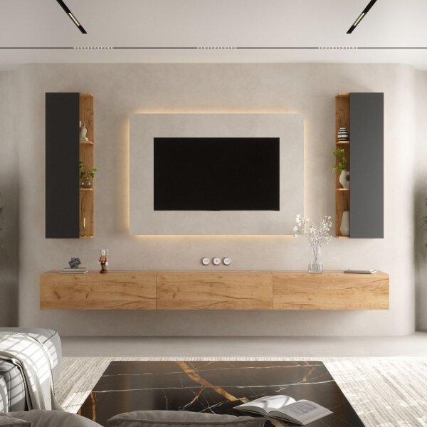 TV Wohnwand (5-teilig) – 300 cm Gold Eiche/Anthrazit