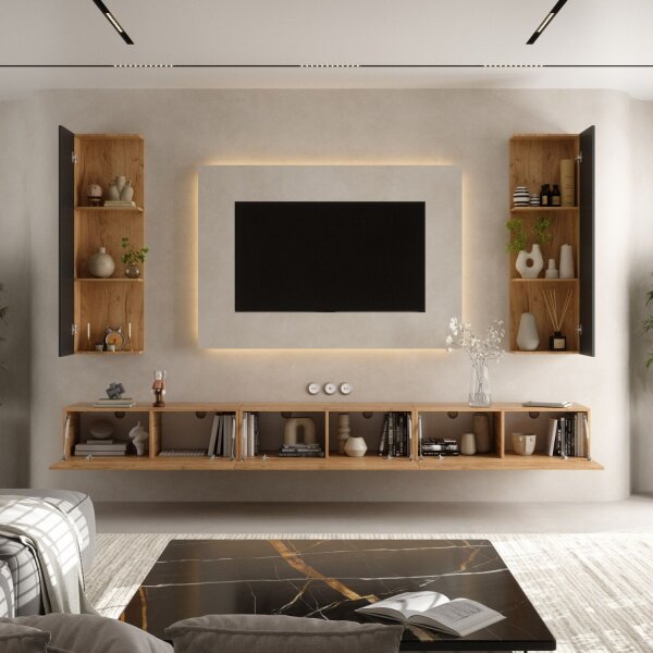 TV Wohnwand (5-teilig) – 300 cm Gold Eiche/Anthrazit