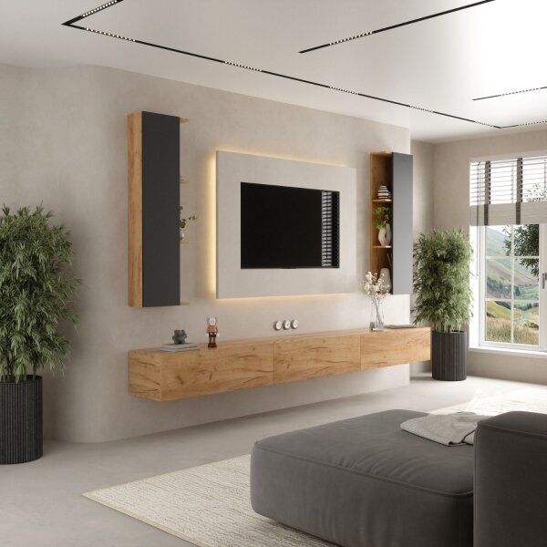 TV Wohnwand (5-teilig) – 300 cm Gold Eiche/Anthrazit