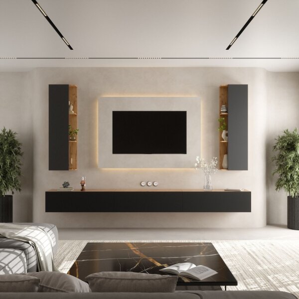 WEST TV-Wohnwand – 300 cm Gold Eiche/Anthrazit, 3x TV-Board + 2x Seitenschrank