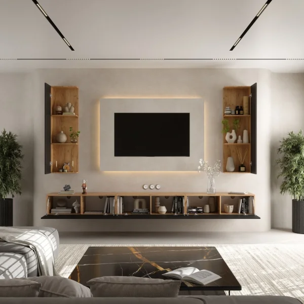 WEST TV Wall Unit – 300 cm Gold Oak/Anthracite, 3 TV stands + 2 side cabinets