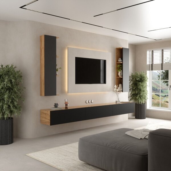 WEST TV-Wohnwand – 300 cm Gold Eiche/Anthrazit, 3x TV-Board + 2x Seitenschrank