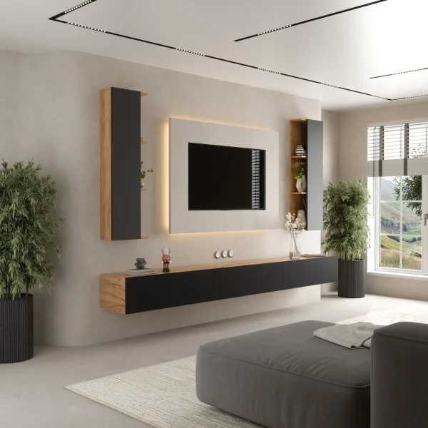 WEST TV Wall Unit – 300 cm Gold Oak/Anthracite, 3 TV stands + 2 side cabinets