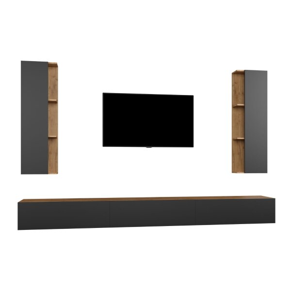 WEST TV-Wohnwand – 300 cm Gold Eiche/Anthrazit, 3x TV-Board + 2x Seitenschrank