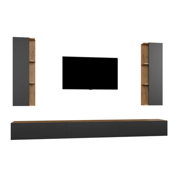 WEST TV Wall Unit – 300 cm Gold Oak/Anthracite, 3 TV stands + 2 side cabinets