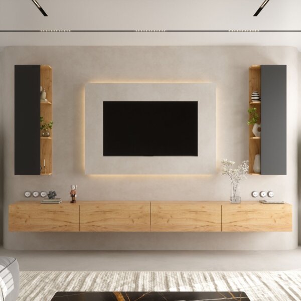TV Wohnwand Set – 320 cm Gold Eiche/Anthrazit