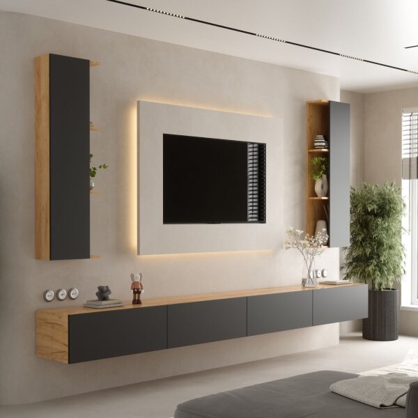 TV-Wohnwand WEST – 320 cm Gold Eiche/Anthrazit