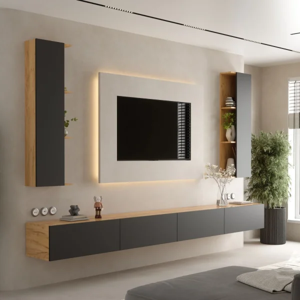 TV-Wohnwand WEST – 320 cm Gold Eiche/Anthrazit
