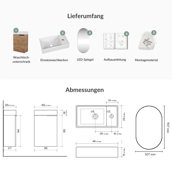 Badmöbel-Set 40cm mit Spiegel Gold Eiche