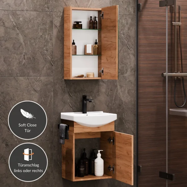 Badmöbel-Set mit Spiegelschrank 45cm Gold Eiche