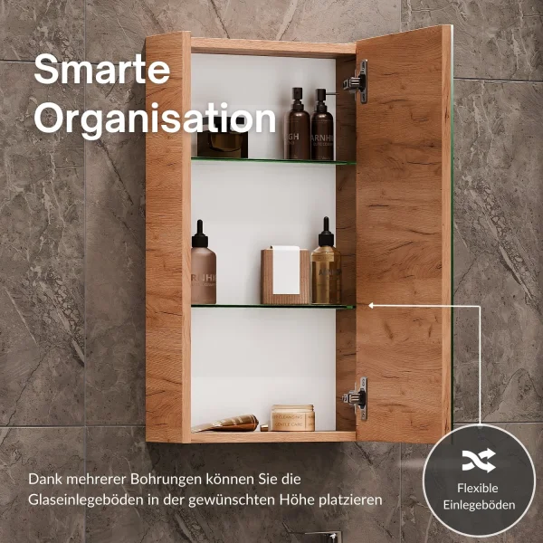 45-cm vanity cabinet with mirror cabinet and 2x 32-cm midi cabinets in Gold Oak