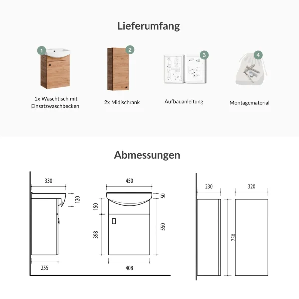 Waschtischunterschrank 45 cm mit 2x Midischrank 32 cm (Gold Eiche)