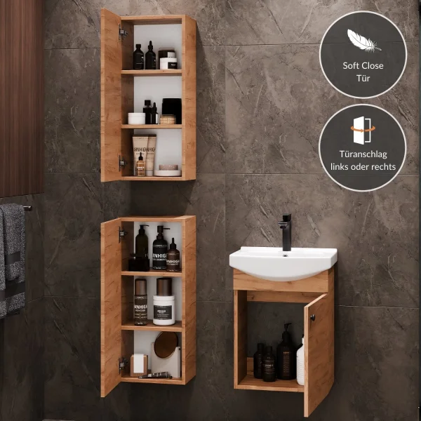 Waschtischunterschrank 45 cm mit 2x Midischrank 32 cm (Gold Eiche)