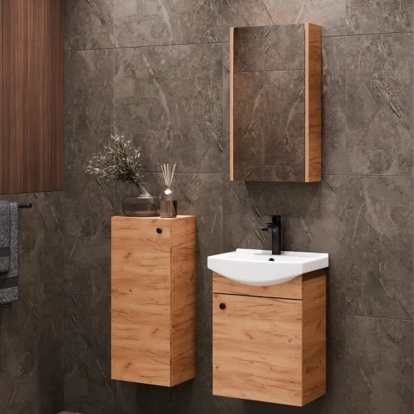 45-cm vanity cabinet with mirror cabinet and 32-cm mid-height cabinet (Gold Oak)