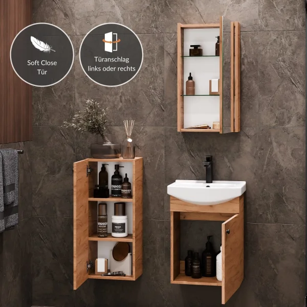 45-cm vanity cabinet with mirror cabinet and 32-cm mid-height cabinet (Gold Oak)