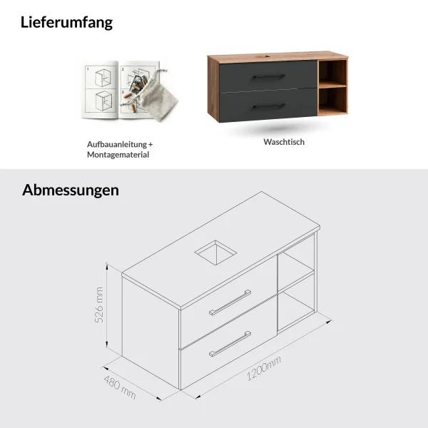 LUX 120 cm Vanity Cabinet, Gold Oak/Anthracite, WITHOUT Sink