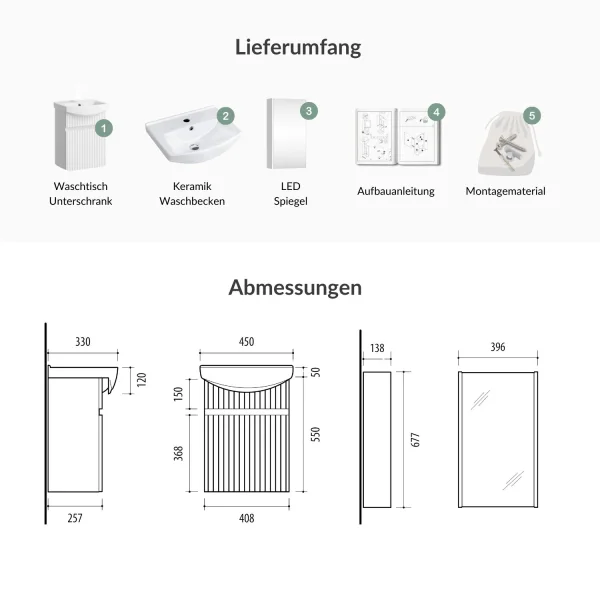 Badmöbel-Set mit Spiegelschrank Wega 45cm Weiß matt