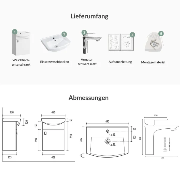 Unterschrank inkl. Waschbecken 45cm mit Armatur