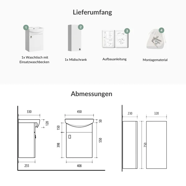 Waschtischunterschrank 45 cm mit Midischrank 32 cm