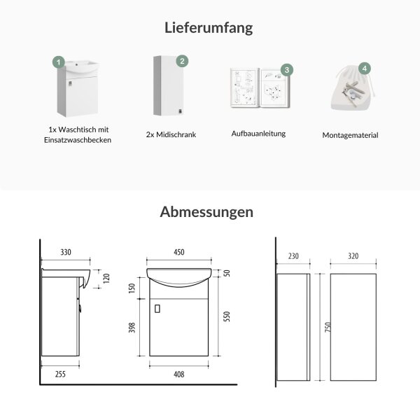 Vanity unit 45 cm with 2x midi cabinet 32 cm