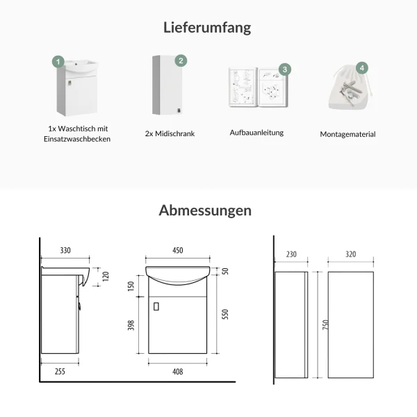 45-cm vanity cabinet with 2 x 32-cm mid-sized cabinets
