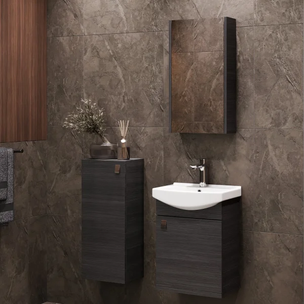 Waschtischunterschrank 45 cm mit Spiegelschrank und Midischrank 32 cm