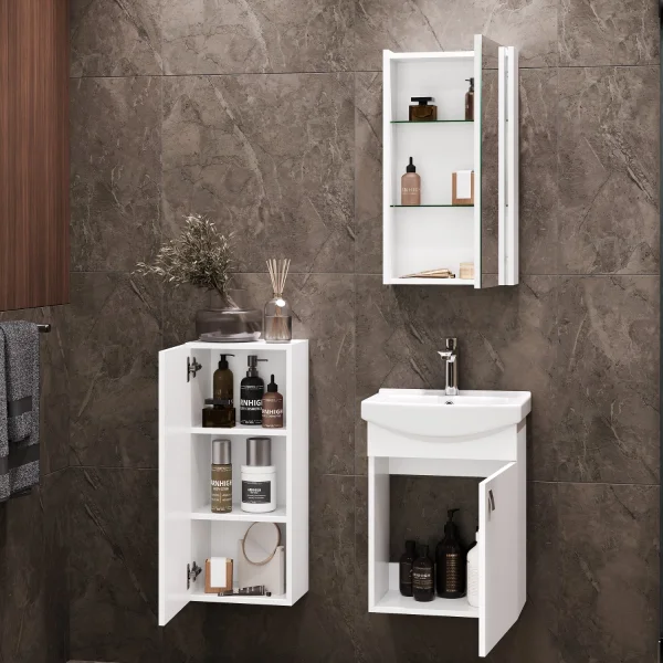 Waschtischunterschrank 45 cm mit Spiegelschrank und Midischrank 32 cm