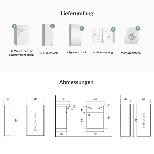 Waschtischunterschrank 45 cm mit Spiegelschrank und Midischrank 32 cm