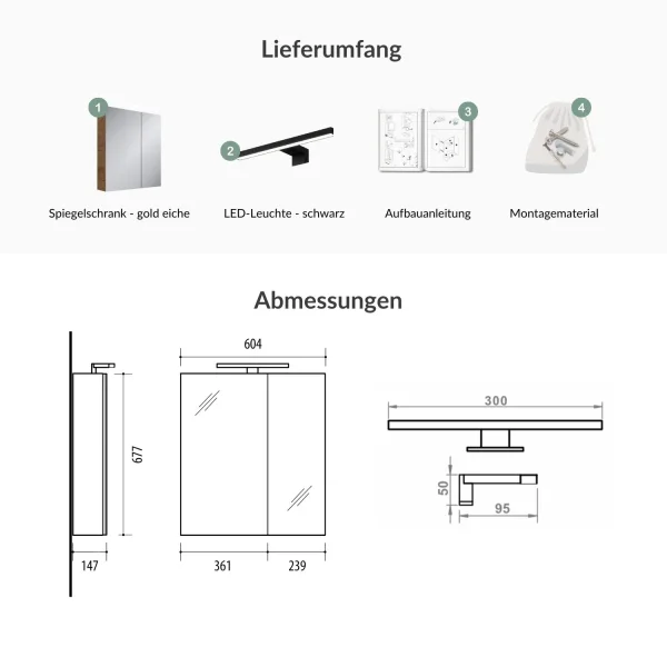 Spiegelschrank mit LED Beleuchtung 60cm (gold eiche)