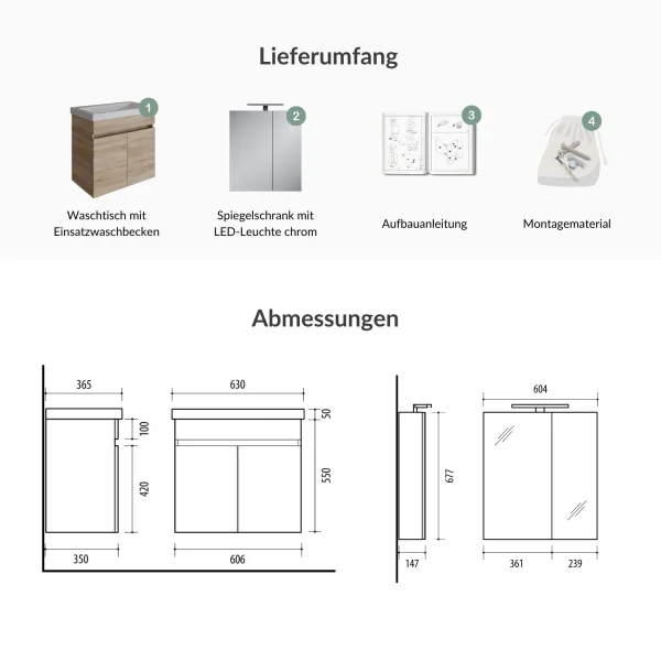 Badmöbel Set  - Waschtisch mit Spiegelschrank 60 cm / sonoma eiche