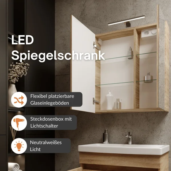 Badmöbel Set  - Waschtisch mit Spiegelschrank 60 cm / sonoma eiche