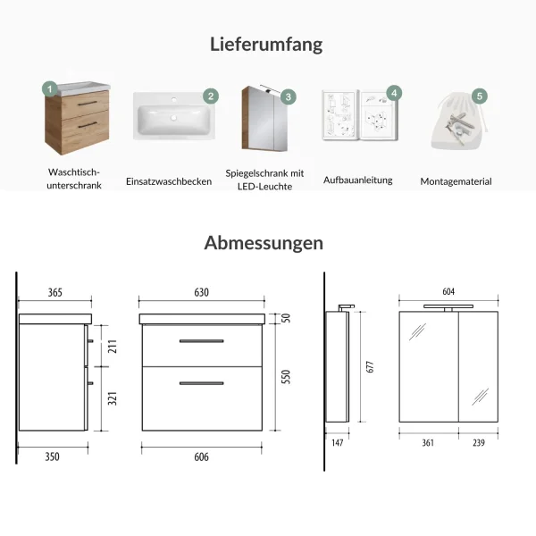 Badmöbel Set mit Spiegelschrank und Waschtisch mit Schubladen – 60 cm / gold eiche
