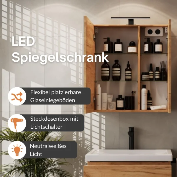 Badmöbel Set mit Spiegelschrank und Waschtisch mit Schubladen – 60 cm / gold eiche