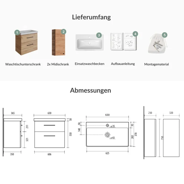 Badmöbel-Set 63cm mit 2x Midischrank Gold Eiche