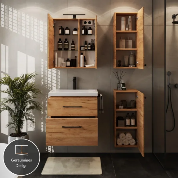 Badmöbel-Set 63cm mit 2x Midischrank Gold Eiche