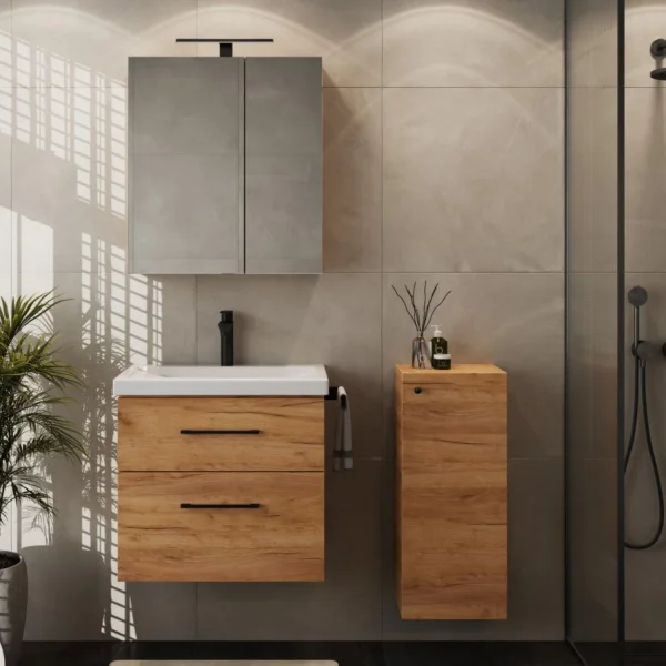 Badmöbel-Set mit Spiegelschrank 63cm und Midischrank Gold Eiche