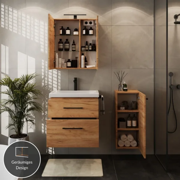 Badmöbel-Set mit Spiegelschrank 63cm und Midischrank Gold Eiche