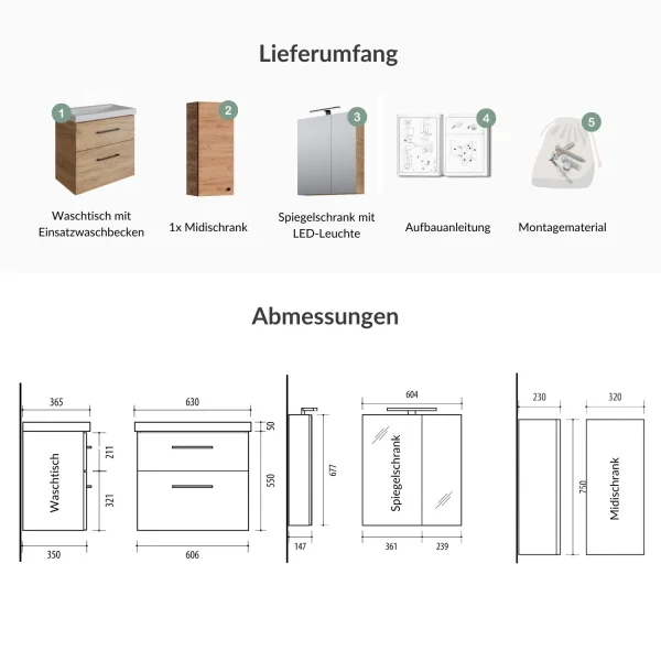 Badmöbel-Set mit Spiegelschrank 63cm und Midischrank Gold Eiche
