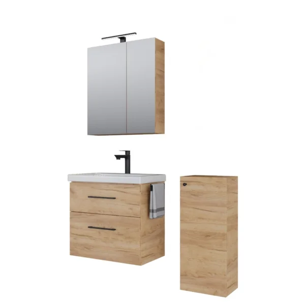 Badmöbel-Set mit Spiegelschrank 63cm und Midischrank Gold Eiche