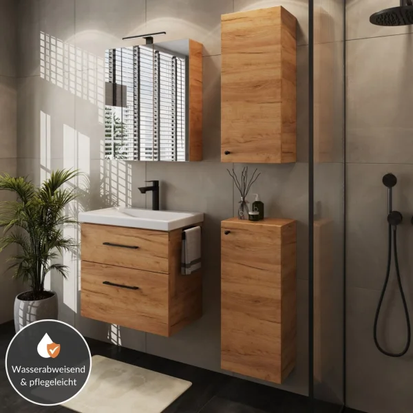 Badmöbel-Set mit Spiegelschrank 63cm und 2x Midischrank Gold Eiche