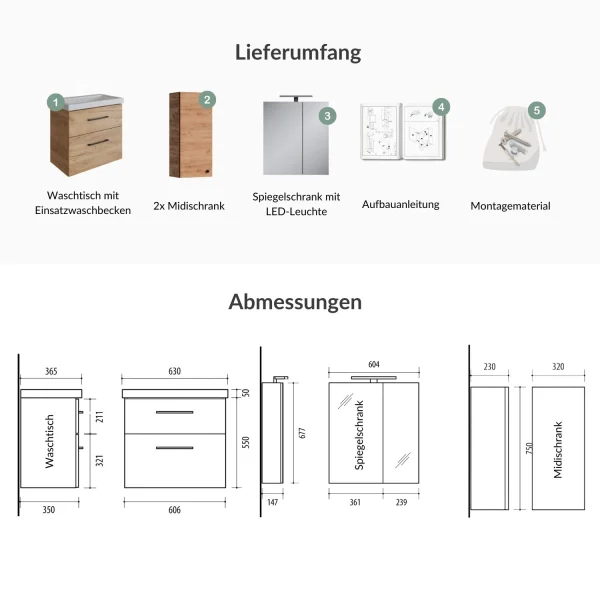 Badmöbel-Set mit Spiegelschrank 63cm und 2x Midischrank Gold Eiche
