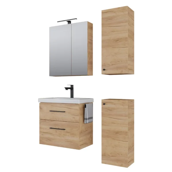 Badmöbel-Set mit Spiegelschrank 63cm und 2x Midischrank Gold Eiche