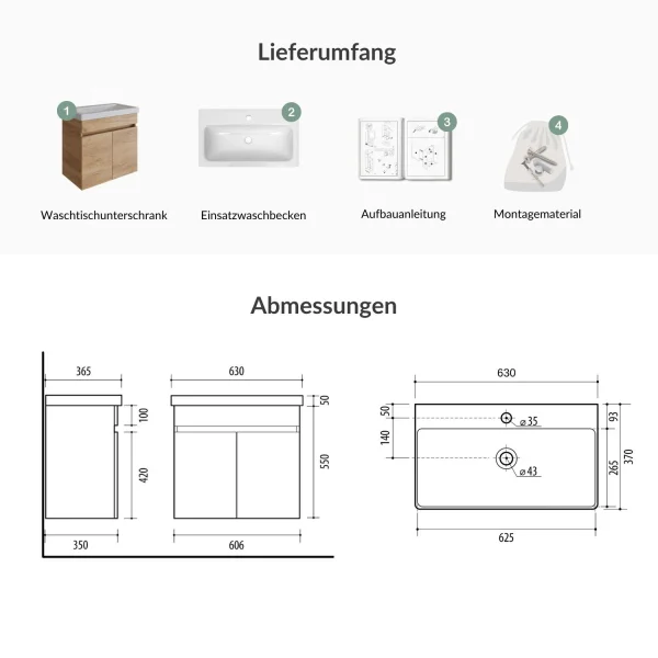 Waschtisch 60 cm mit Doppeltür - gold eiche