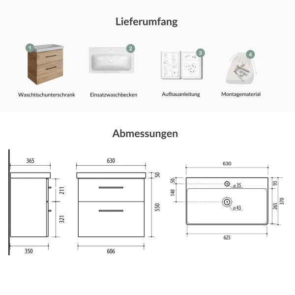 Waschtisch mit Unterschrank 60 cm - gold eiche