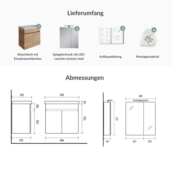 Badmöbel Set  - Waschtisch mit Spiegelschrank 60 cm / gold eiche