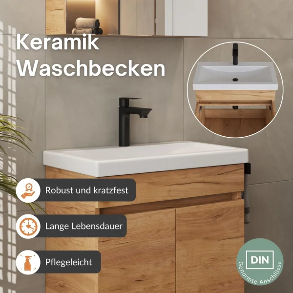 Badmöbel Set  - Waschtisch mit Spiegelschrank 60 cm / gold eiche